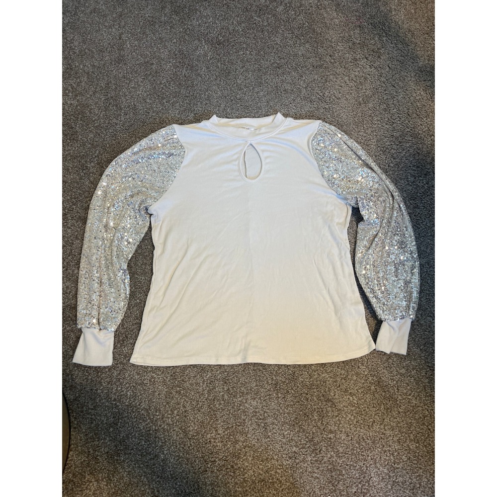 Maurice s Keyhole Neck Long Sleeve Sequin Sleeve Top Cream Women's Size M